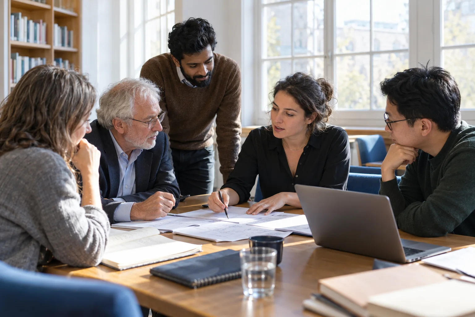 Researchers sharing ideas around a seminar table